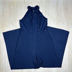 Julia Jordan Navy Pinstripe Twist Halter Business Casual Wide Leg Jumpsuit 12